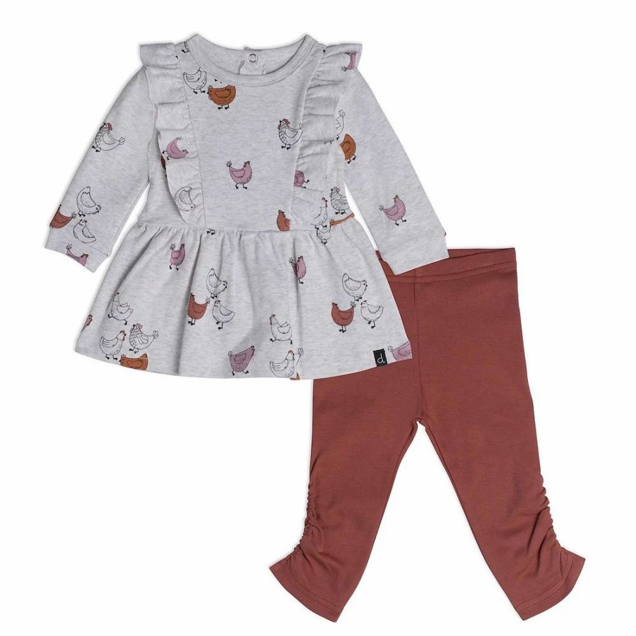 Clothing Sets * | Organic Cotton Dress And Leggings Set Hen Print Rust And Beige