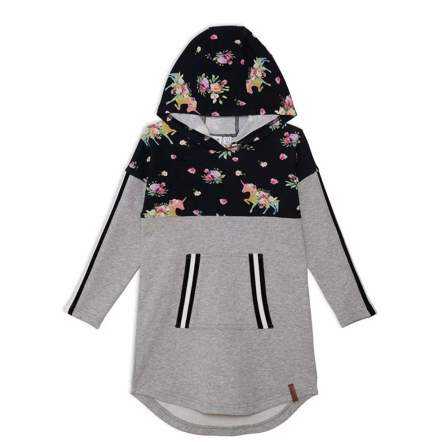 Dresses * | Hooded Long Sleeve Dress With Unicorn Print Light Grey Mix