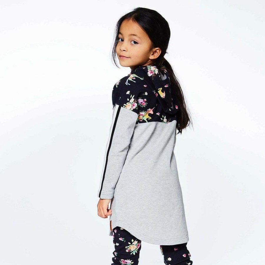 Dresses * | Hooded Long Sleeve Dress With Unicorn Print Light Grey Mix