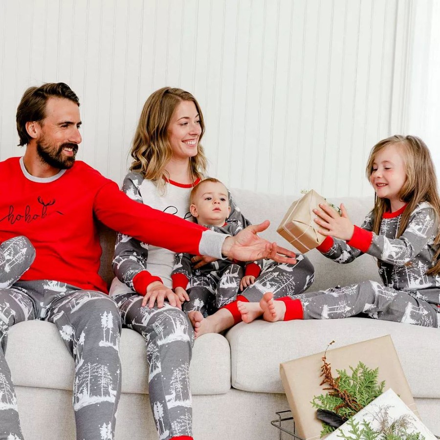 Sleepwear * | Organic Cotton Christmas Family Two Piece Printed Pajama Set With Deer And Trees