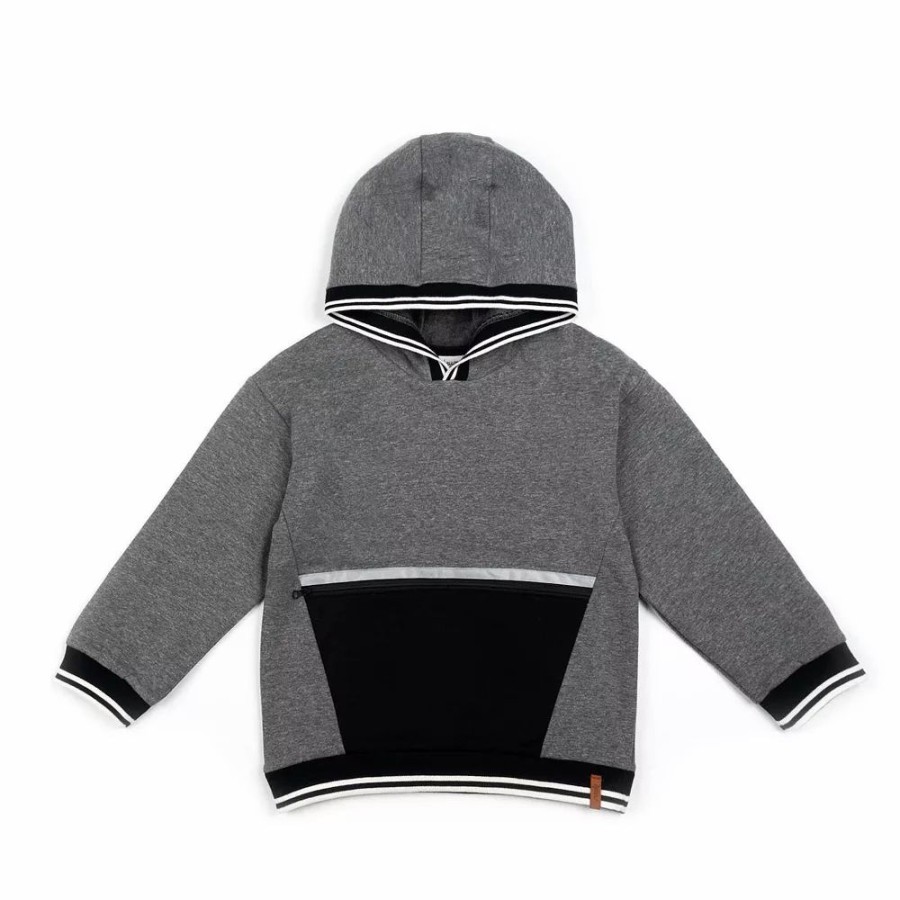 Tops * | Hooded Fleece Top With Zipper Pocket Dark Heather Grey, Black And White