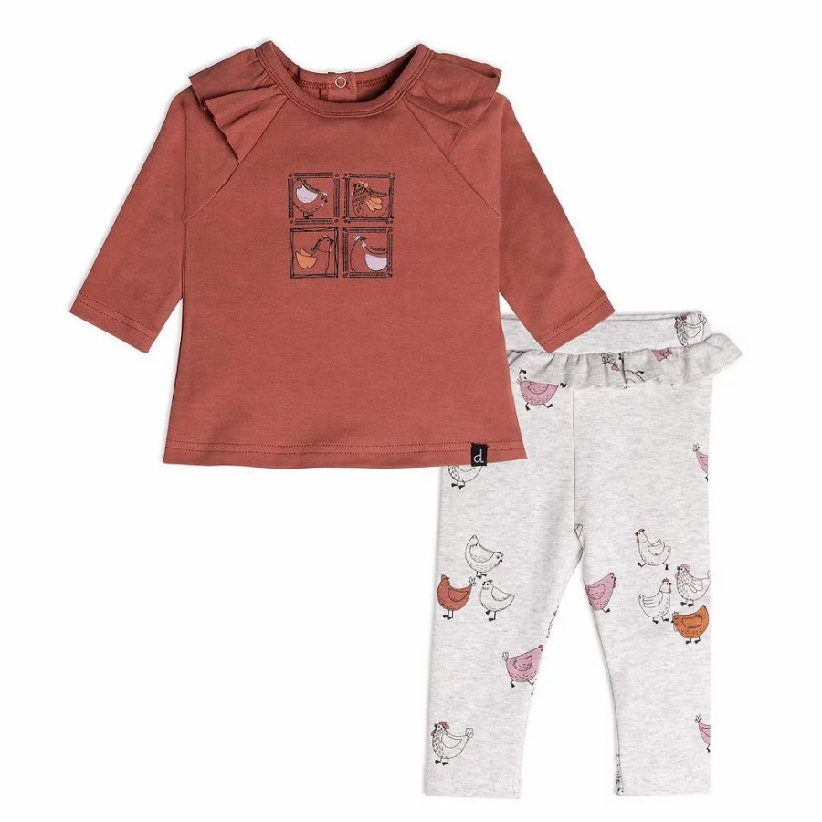 Clothing Sets * | Organic Cotton Top And Pant Set Hen Print Rust And Beige