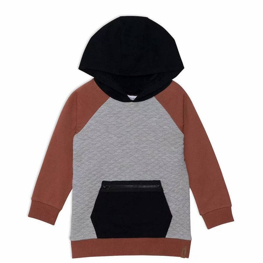 Tops * | Quilted Hooded Fleece Top With Zipper Pocket Light Heather Grey, Black And Brown