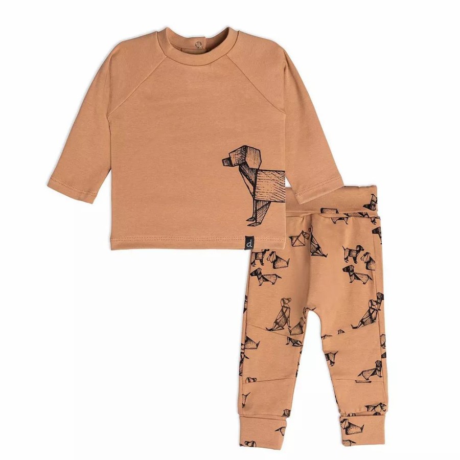 Clothing Sets * | Organic Cotton Printed Dogs Top And Pant Set Brown