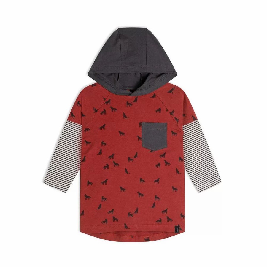 Tops * | Double Raglan Sleeve Hooded Top With Wolves Print