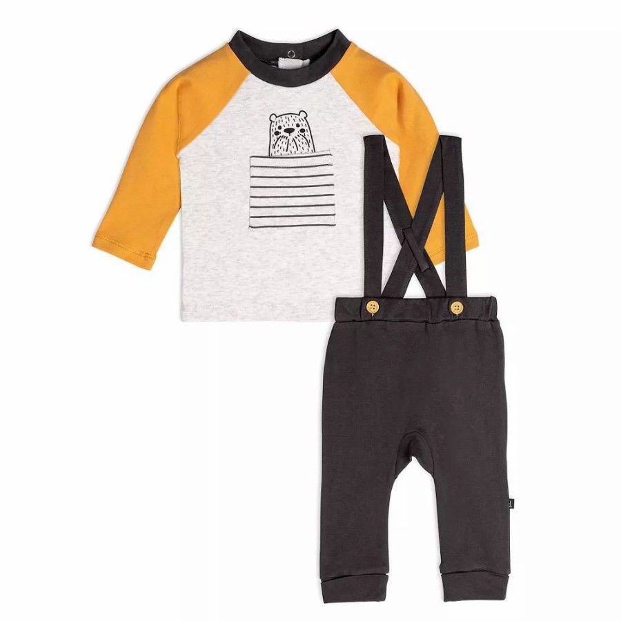 Clothing Sets * | Organic Cotton Top And Pant Set Dark Grey, Yellow And Heather Beige