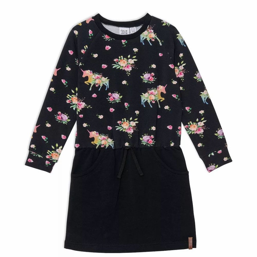 Dresses * | Unicorn Printed Raglan Long Sleeve Dress Black