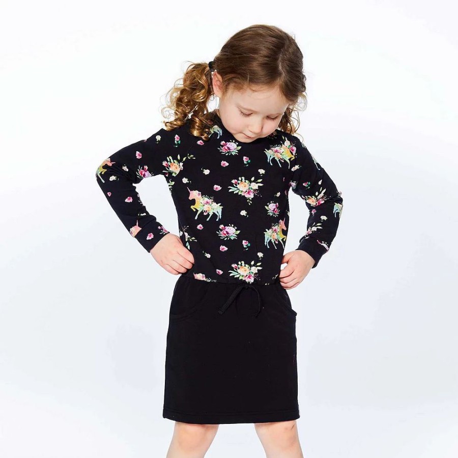 Dresses * | Unicorn Printed Raglan Long Sleeve Dress Black